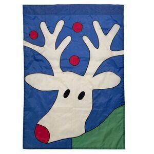 VTG Embroidered Winter Reindeer Flag Christmas 28x40 Blue Rudolph Holiday Garden
